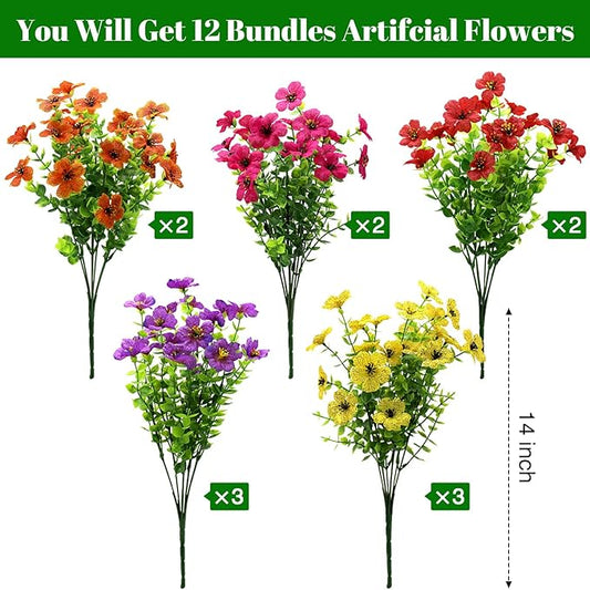 12 Bundles Artificial Fake Flowers for Outdoor Spring Summer Decoration, Faux Plants Flowers Silk Colorful Mix Daisy Realistic UV Resistant for Porch Patio Home Planter Balcony Yard Decor