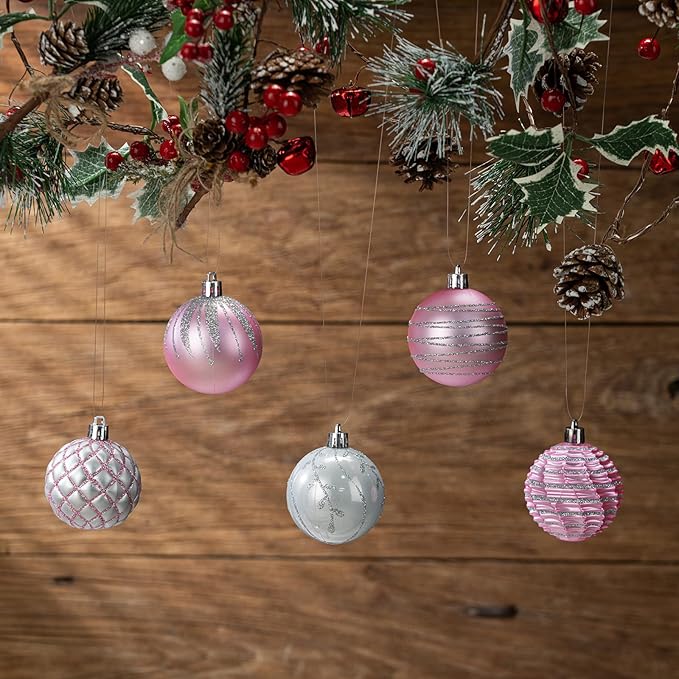 100Pcs Christmas Ball Ornaments Set, Assorted Shatterproof Christmas Ornament, Christmas Tree Theme Hanging Decoration for Xmas Tree Holiday/Party/Home Decor (Pink & Silver & White)