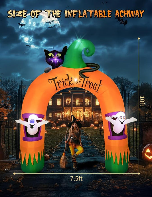 10FT Large Halloween Inflatable Archway Decoration, Halloween Blow Up Lighted Archway with Ghost & Black Cat & Cornucopia, Trick & Treat Yard Garden Patio Lawn Outside Decor