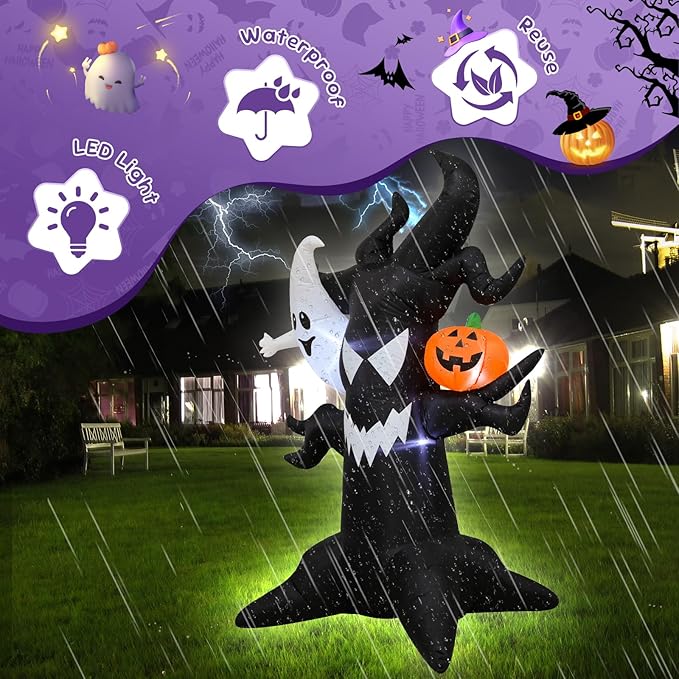 Spooky 6FT Halloween Inflatable Decor Ghost Tree with Pumpkin Indoor Outdoor Haunted Yard Decoration with LED Lights, Halloween Blow Up Lawn Garden Party Decorations