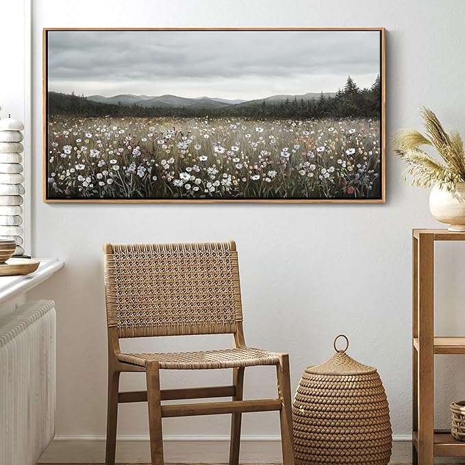 HGUAOA Vintage Landscape Wall Art for Bedroom and Living Room - Large Floral Artworks Farmhouse Wall Decor - Framed Neutral Nature Pictures - Above Bed Wall Decor with Mountain Scenery 24×48IN