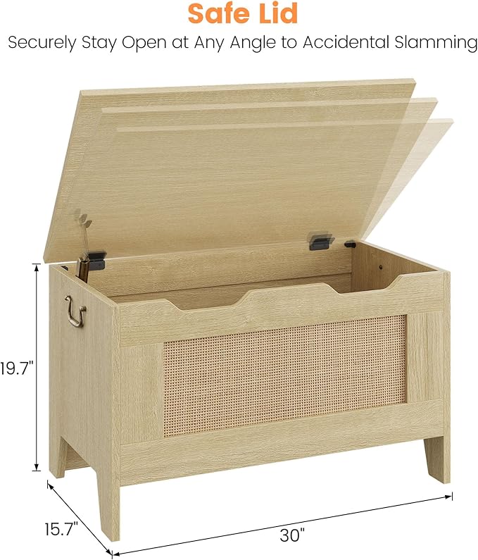 IDEALHOUSE Storage Chest, Rattan Toy Chest, 30" Wooden Storage Bench with Safety Hinge, Blanket Chest, Entryway Bench, Supports 350 lb, Storage Trunk for Living Room, Bedroom, Playroom, Natural Oak
