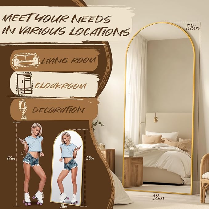 Full Length Mirror, 58"x19" Floor Mirror, Arch Floor Standing Mirror Freestanding Arch Full Body with Stand for Bedroom, Hanging Mounted for Living Room Cloakroom, Gold