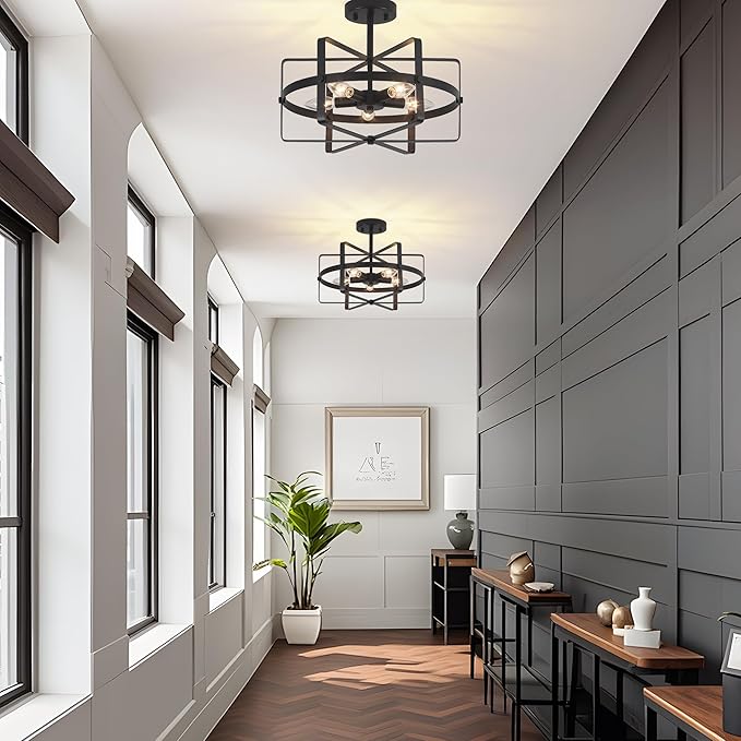 5-Light Black Ceiling Light Fixture, 12.6'' Farmhouse Industrial Semi Flush Mount Ceiling Light, Modern Geometric Metal Ceiling Lamp for Entryway Hallway Kitchen Bedroom Dining Room