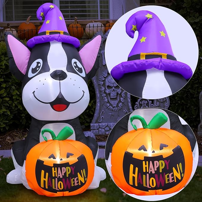 Halloween Inflatables Outdoor Decor 4.4FT Dog Hold Pumpkins Blow Up Yard Decorations with LED Lights Halloween Outside Lawn Party Decor