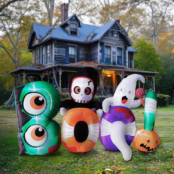 Haunted Hill Farm 8-ft. Wide Reaper and Ghost Boo Sign Blow Up with Lights, Outdoor Halloween Inflatable Decoration for Lawn and Yard, Giant Spooky Holiday Decor