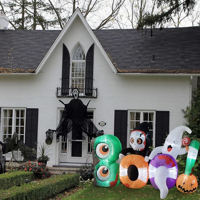 Haunted Hill Farm 8-ft. Wide Reaper and Ghost Boo Sign Blow Up with Lights, Outdoor Halloween Inflatable Decoration for Lawn and Yard, Giant Spooky Holiday Decor