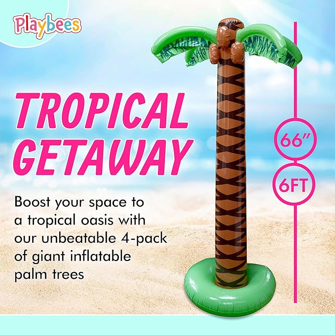 Giant Inflatable Palm Tree 6 Foot - 4PK - Beach Party Decorations for Summer Luau Themed Pool Party, Tropical Hawaiian Blow Up Palm Tree Favors - Poolside Ambiance, Easy Inflation