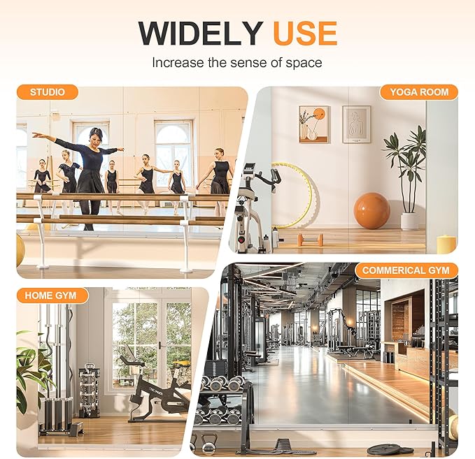 Hasipu Home Gym Mirror, 79"x36" Each, 1-Pack Frameless Wall Mounted Mirrors with Glass Clamps & Aluminum Rail, Large Body Mirror for Home Gym, Yoga Studio, Bedroom, Silver Tempered Glass