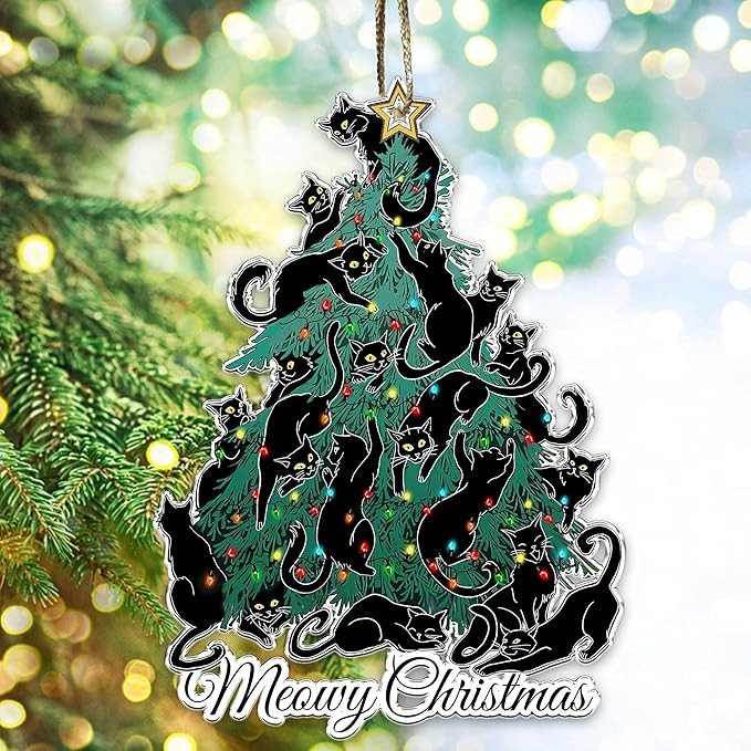 Black Cat Christmas Ornaments - Black Cat Xmas Decor Tree Hanging - 2024 Black Kitten Christmas Ornament (Meowy Christmas)