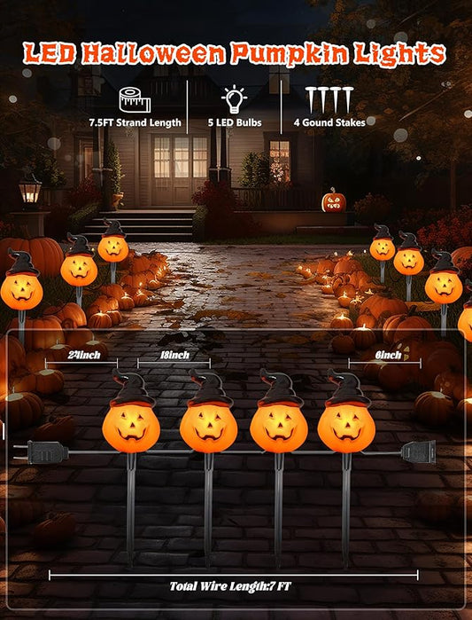 Halloween Pumpkin Pathway Lights Outdoor, 4PCS Jack O Lantern Pumpkin Light with Stake,Outdoor LED Walkway Lights Lights for Halloween Driveway Garden Yard Lawn Lights Decor