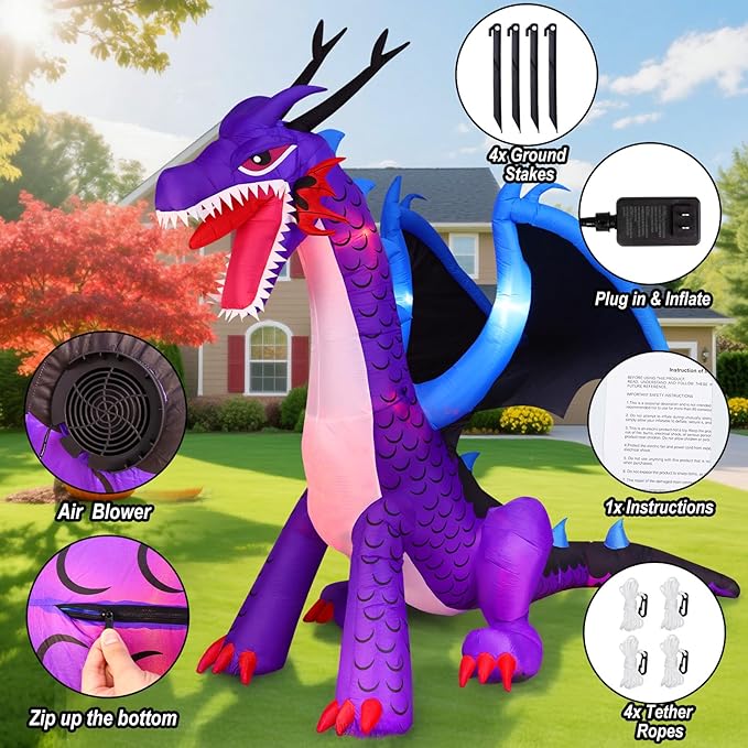 8FT Halloween Inflatables Dragon Decorations with Built-in LED Lights, Blow Up Yard Decor for Halloween Outdoor Lawn Garden Holiday Party