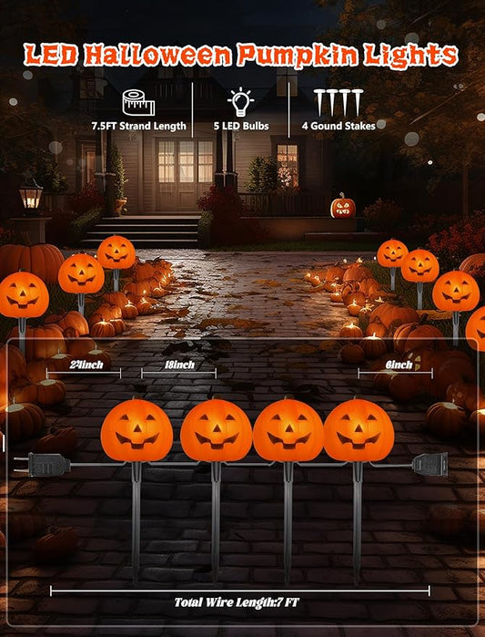 Halloween Pumpkin Pathway Lights, 4PCS 3D Pumpkin Light with Stake, C7 Outdoor Connectable Pumpkin Shaped Pathway String Lights for Patio Yard Lawn Walkway Halloween Party Decor, Black Wire