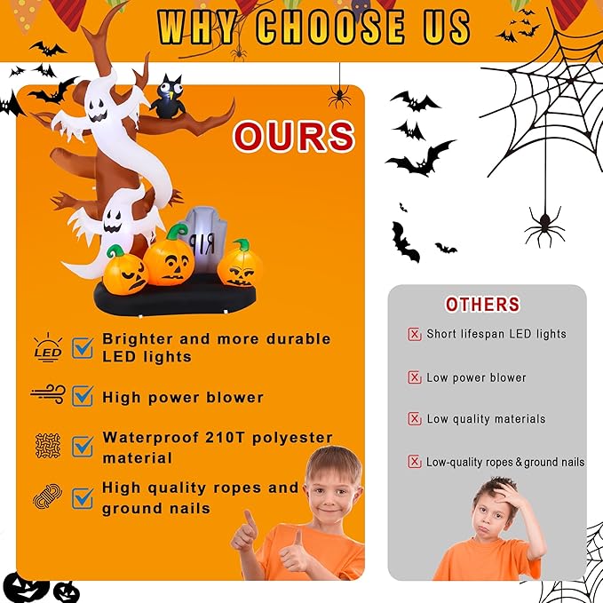 8 FT Halloween Inflatables Outdoor Decorations, Giant Blow Ups Flying Ghosts Pumpkin Tree with Build-in LED Lights, Funny Yard Garden Decoration for Halloween Party Indoor Outdoor