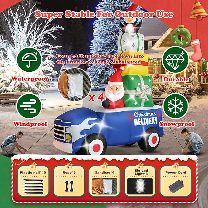 Christmas Decorations Outdoor Inflatables 10FT Christmas Car with Gift Package Inflatable Decor with Build-in LEDs Blow Up for Christmas Party Indoor Outdoor Yard Garden Lawn Patio