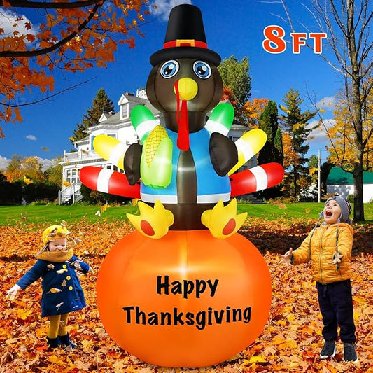 B&D 8FT Thanksgiving Inflatables Turkey Sitting on Pumpkin, Blow up Turkey Thanksgiving Decorations Outdoor Built-in LEDs Autumn Fall Harvest Decorations for Holiday Yard Lawn Garden Patio Decor