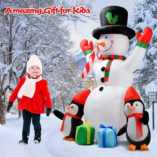 6ft Christmas Inflatables Outdoor Decorations Embrace Snowman and Penguins Built-in Colorful Rotating Led Lights Blow Up Snow Man Wear Magic Hat Yard Decor for Party Indoor Garden Lawn Xmas