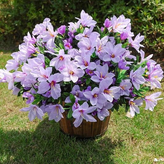 Artificial Flowers for Outdoors, 3 Bundles Fake Silk Azalea Bouquet Faux Flower Plants Outside Decoration UV Resistant Realistic Fake Flowers for Planter Front Door Patio Garden Walkways Home, Purple