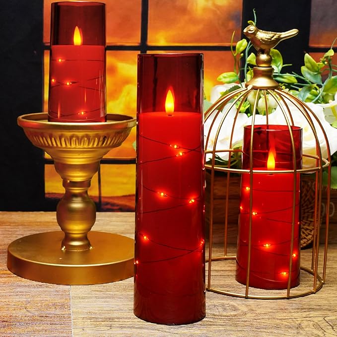 Flameless LED Candles with Timer 5 Pc Flickering Flameless Candles for Romantic Ambiance and Home Decoration Stable Acrylic Shell,with Embedded Star String,Battery Operated Candles(Red)