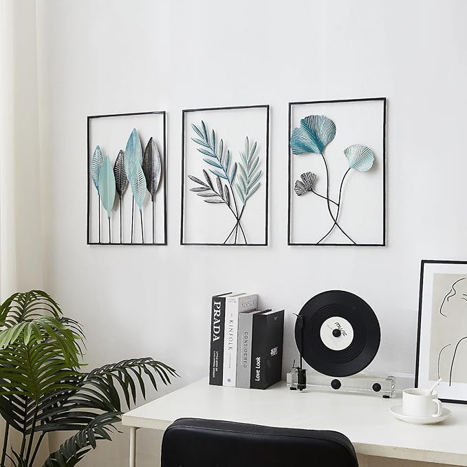 FUNTEREST Black Leaf Wall Decor Modern Wall Art Home Decor, Set of 3 Metal Wall Hanging Decoration for Living Room Office Bedroom Hotel