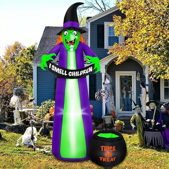 8Ft Halloween Inflatables Witch Outdoor Decorations with Candy Cauldron, Scary Blow Up Witch Holds I Smell Children Banner, Inflatable Halloween Build-in LEDs for Party Yard Lawn Garden Decor