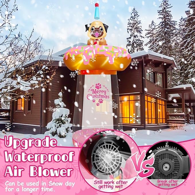 9.5FT Christmas Inflatable with Colorful Light, Kalolary UFO Doughnut Christmas Inflatable with Music, Puppy Xmas Blow Up Yard Decoration Christmas Outdoor Inflatable for Lawn Garden Holiday Party