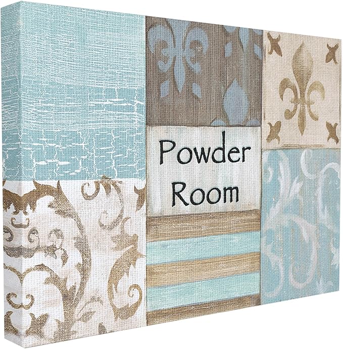 Stupell Industries Fleur de Lis Powder Room Blue, Brown and Beige Bathroom Canvas Wall Art, 16x20, Multi-Color,wrp-930_cn_16x20