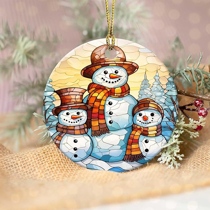 Snowman Family Ornament Round Ceramic Stained Glass Style Ornament Xmas Keepsake for Christmas Tree Winter Holiday Xmas Gift for Women Men Xmas Hanging Ornament 3"