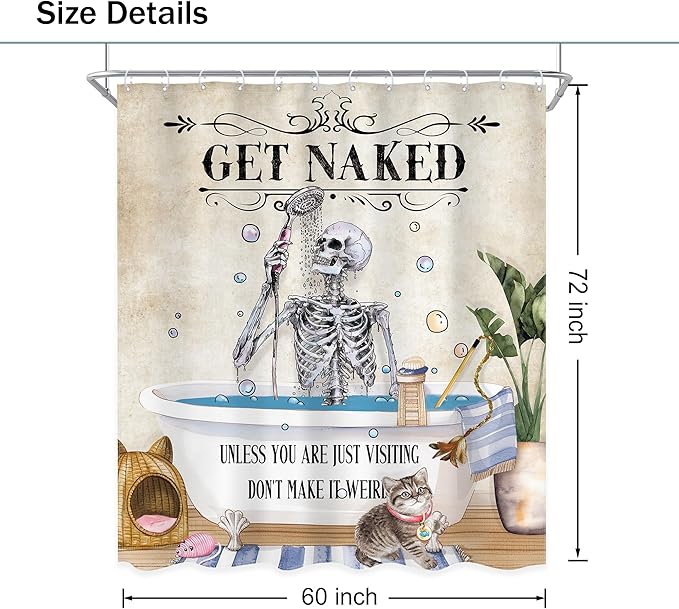 Funny Skull Skeleton Shower Curtain 60Wx72L Inch Gothic Spooky Cute Cat Cool Unique Bone in Bathtub Retro Horror Scary Bathroom Set Halloween Plant Bath Curtain Bathtub Accessories Home Decor