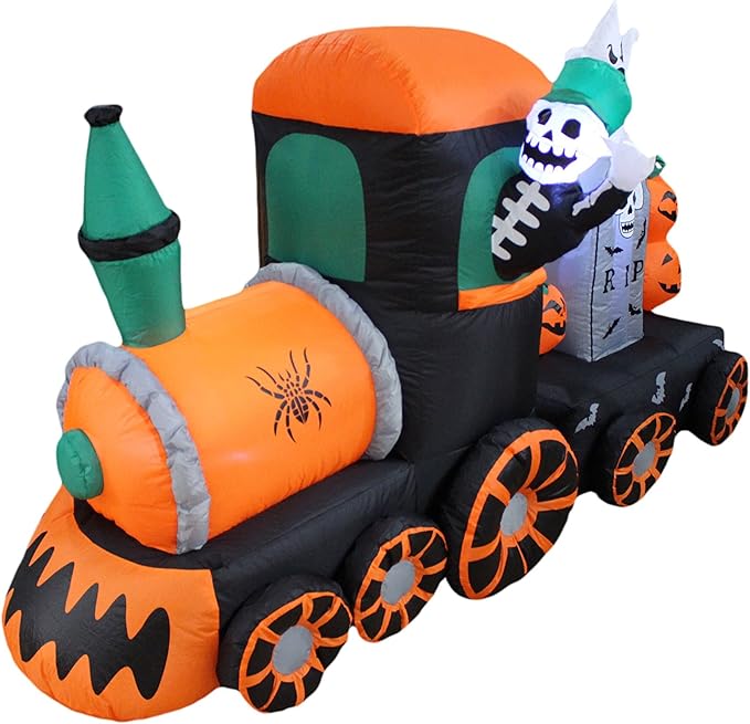7 Foot Long Halloween Inflatable Skeleton on Train LED Lights Outdoor Indoor Holiday Decorations, Blow up Lighted Yard Decor, Giant Lawn Inflatable Home Garden Party Favor Decoration