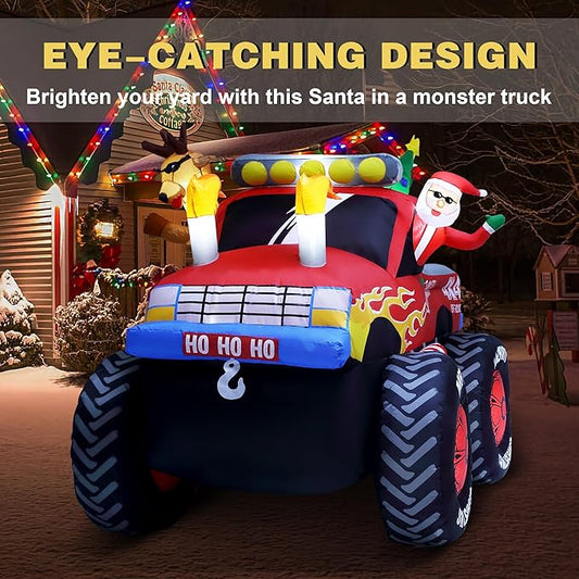 8 FT Long Santa in Monster Truck Christmas Inflatables Outdoor Decorations, Christmas Blow Up Santa Claus Yard Decorations for Garden Lawn Xmas Decor