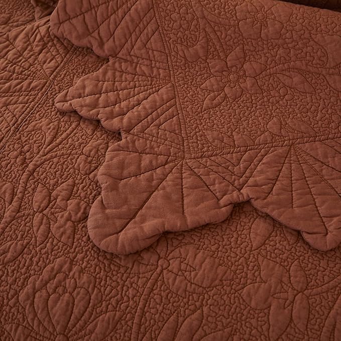 Brandream Queen Size Quilt Set Cotton Quilts Pumpkin Orange Farmhouse Bedding Set Matelasse Coverlet Set Scalloped Edge Quilts 3-Piece