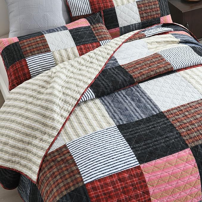 mixinni 100% Cotton Quilt Set for Queen Size Beds, Boho Patchwork Red Checkered Pattern Bedding Comforetr Set, 3-Piece Reversible Lightweight Bedspread Coverlet Set for All Season (90"x98")