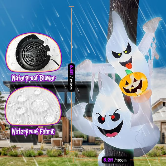 7FT Halloween Inflatables Decoration Outdoor Large Ghost Twining Around Tree with Build-in LED Lights, Halloween Blow Up Yard Decorations, Cute Halloween Decor for Party Garden Lawn Indoor