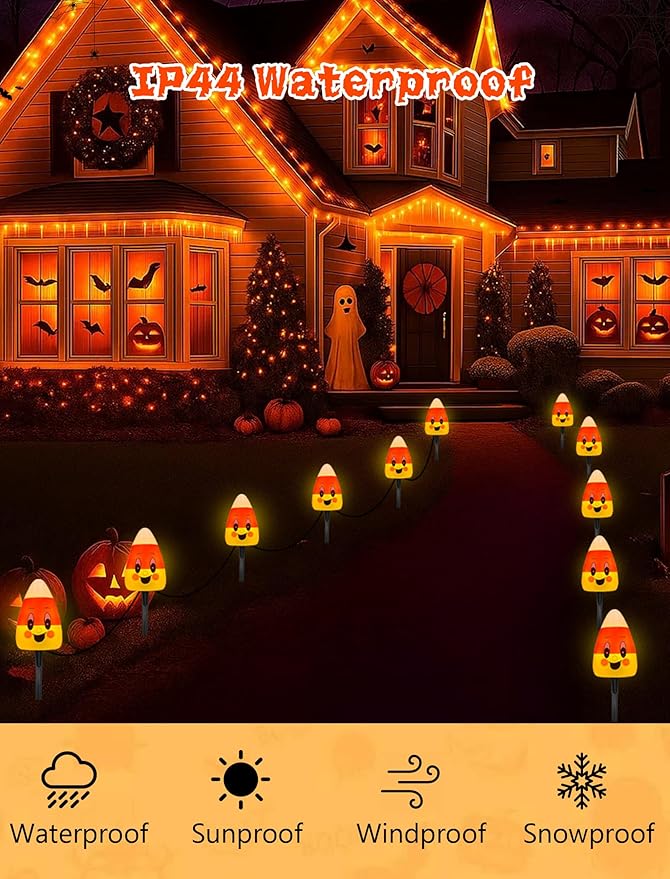 Halloween Candy Corn Lights Outdoor,4PCS Halloween 3D Candy Corn Pathway Lights with Stake,Waterproof Cute Candy Corn Decorations Light for Lawn Driveway Garden Yard Party Decor