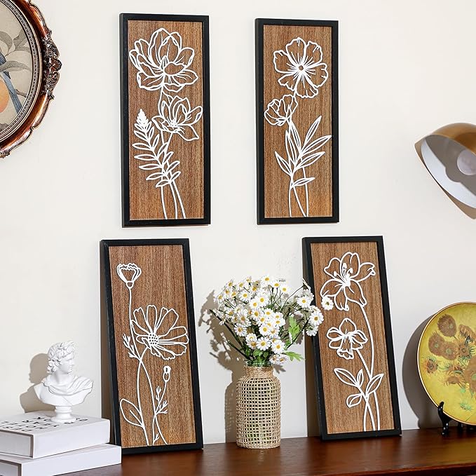 Wesiti 3D Wooden Floral Wall Art Set of 4 Lightweight Ready to Hang Framed Flower Wall Decor for Living Room Bedroom Office Boho Botanical Rustic Farmhouse Decorations Gift Boxed