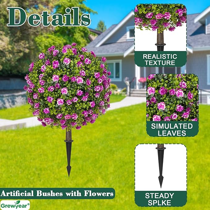Artificial Topiary Ball with Ground Spike Set of 2, Faux Boxwoods for Outdoor Planters, UV Resistant Artificial Outdoor Plants for Porch, Fake Bushes Round Flower Shrub with Purple Rose