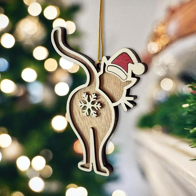 Funny Cat Butt Wooden Christmas Ornament - Humorous Santa Holiday Decoration for Tree - Unique Laser-Cut Wood Gift for Cat Lovers - 2024 Christmas Ornament