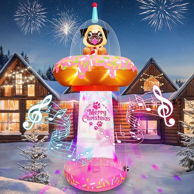 9.5FT Christmas Inflatable with Colorful Light, Kalolary UFO Doughnut Christmas Inflatable with Music, Puppy Xmas Blow Up Yard Decoration Christmas Outdoor Inflatable for Lawn Garden Holiday Party