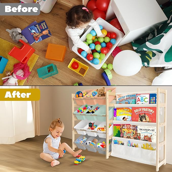 Toy Storage Organizer with Bookshelf - 12 Storage Bins 4-Tier Multipurpose Shelf to Organize Toys and Books for Kids Room, Playroom, Nursery Room, Multi-Color