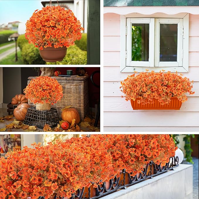 Fall Flowers Artificial for Decoration, Artificial Fall Mums Flowers for Outdoors, Fake Flowers Daisy Eucalyptus Realistic UV Resistant for Garden Patio Porch Home Decor (24, Orange-Green Leaves)