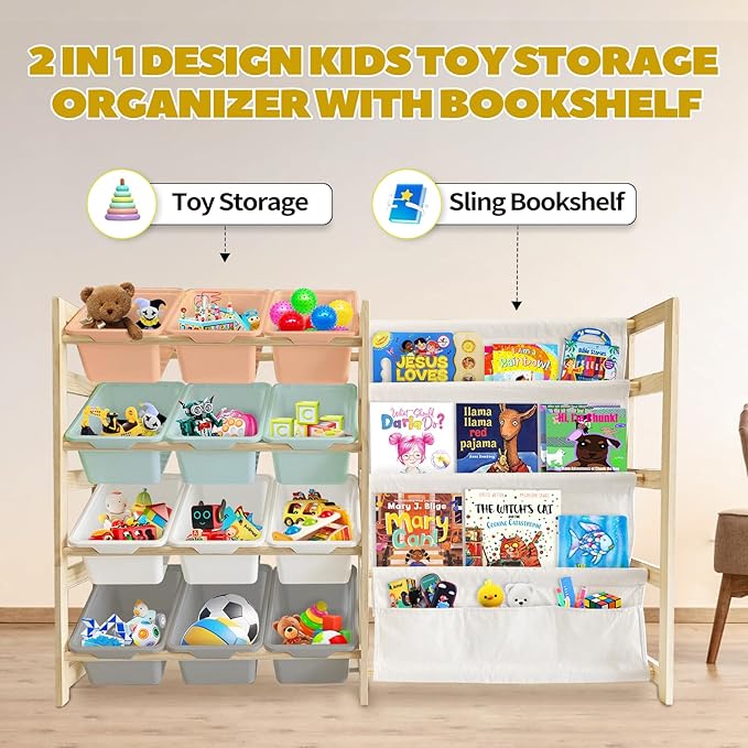 Toy Storage Organizer with Bookshelf - 12 Storage Bins 4-Tier Multipurpose Shelf to Organize Toys and Books for Kids Room, Playroom, Nursery Room, Multi-Color