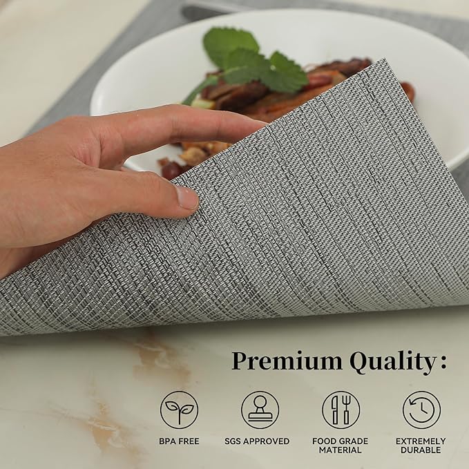 Leetaltree Grey Placemats, Heat Resistant Non-Slip Place mats for Dining Table, Washable Durable PVC Vinyl Woven Table Mats (Set of 16)