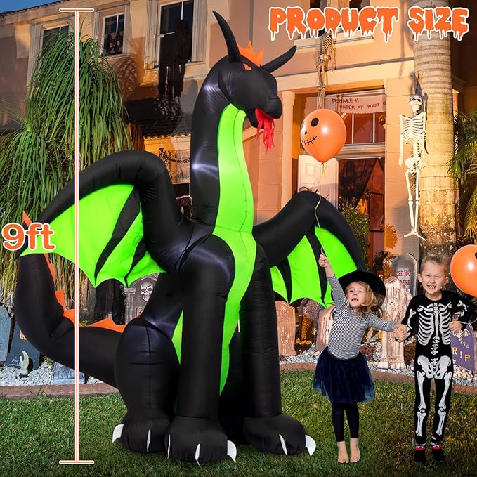 Halloween Inflatables 9FT Giant Inflatable Dragon Halloween Decorations with Wings, Built-in LEDs Halloween Blow Up Yard Decorations for Outdoor Indoor Party Garden Lawn Decor