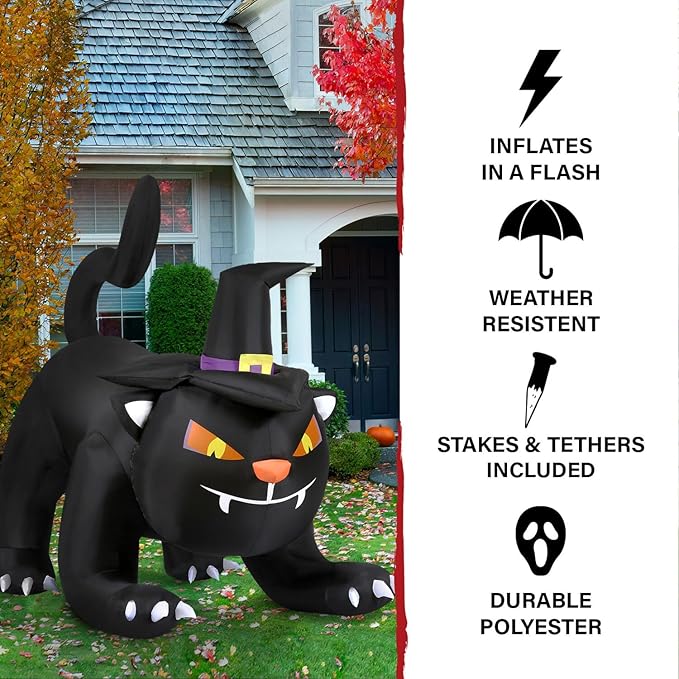 Haunted Hill Farm 6-ft. Wide Black Cat Blow Up with Lights, Outdoor Halloween Inflatable Decoration for Lawn and Yard, Giant Spooky Holiday Decor