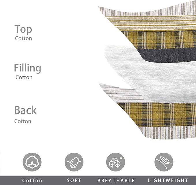 Homzard Queen Comforter Set,Cotton Quilts Queen Size,Amber Green Black Bedding,Plaid Striped Bedspread,Lightweight Reversible Coverlet 3 Pieces
