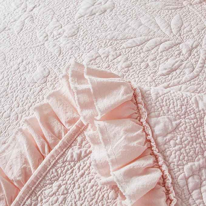 Brandream Queen Size Quilt Set Cotton Light Pink Quilts Shabby Chic Bedding Romantic Ruffle Bedspread Matelasse Coverlet Set 3-Piece