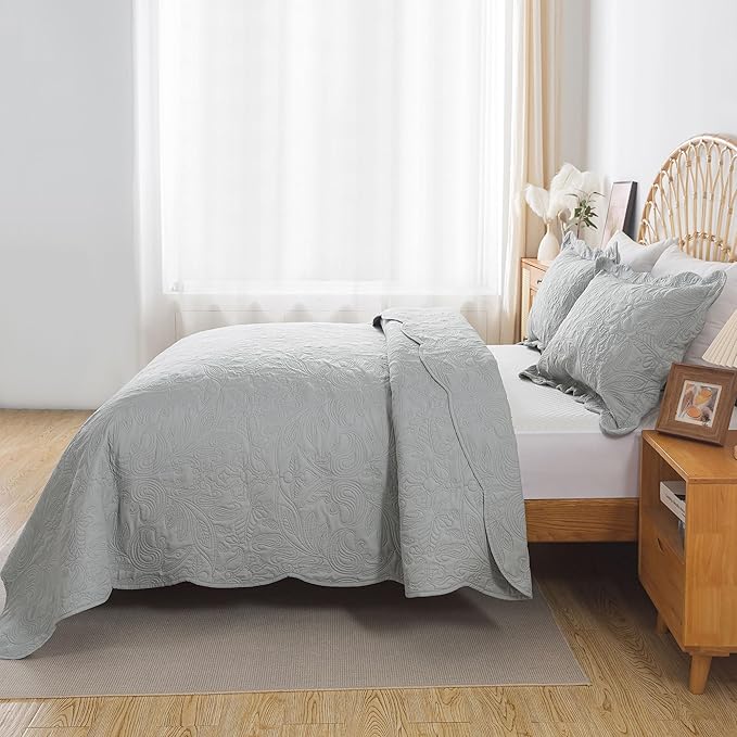HoneiLife King Quilt Bedding Set - 3 Pieces Microfiber Quilt Sets Lightweight Bedspreads Reversible Coverlets Retro Bed Cover Quilt King Size All Season Quilts-Light Grey