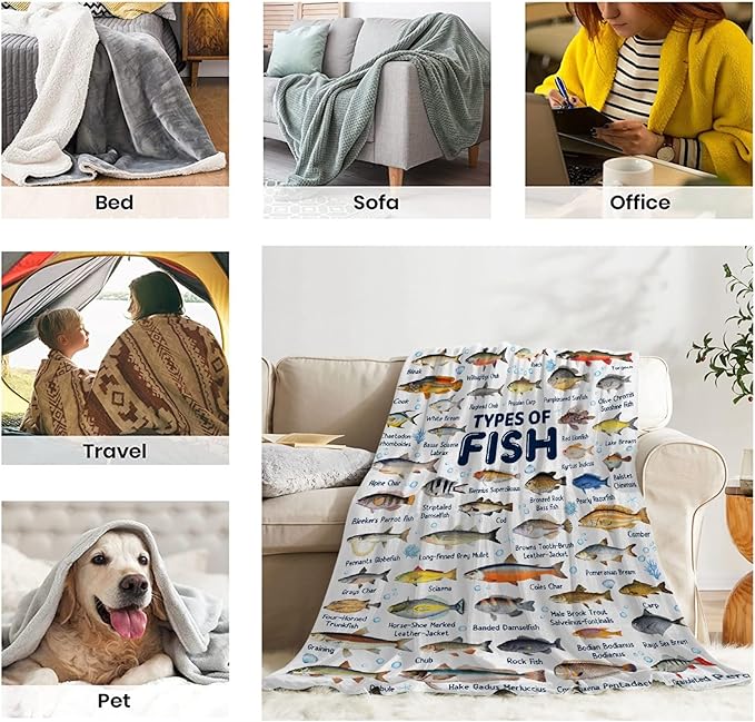 Fish Throw Blanket,Types of Fish Blanket Fish Blanket Gifts,Ultra Soft Lightweight Flannel Blankets Warm Fuzzy Cozy Plush Blankets for Couch Sofa Bed Living Room,Baby Size-30"x40"