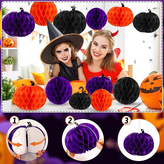 15Pcs Halloween Honeycomb Decorations, Orange Purple Black Pumpkin Paper Honeycomb Balls Halloween Hanging Ornaments for Party Favor Supplies